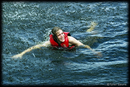 My son after landing in Kawnipi Lake during a swim